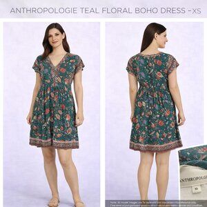 Anthropologie Teal Floral Boho Dress XS